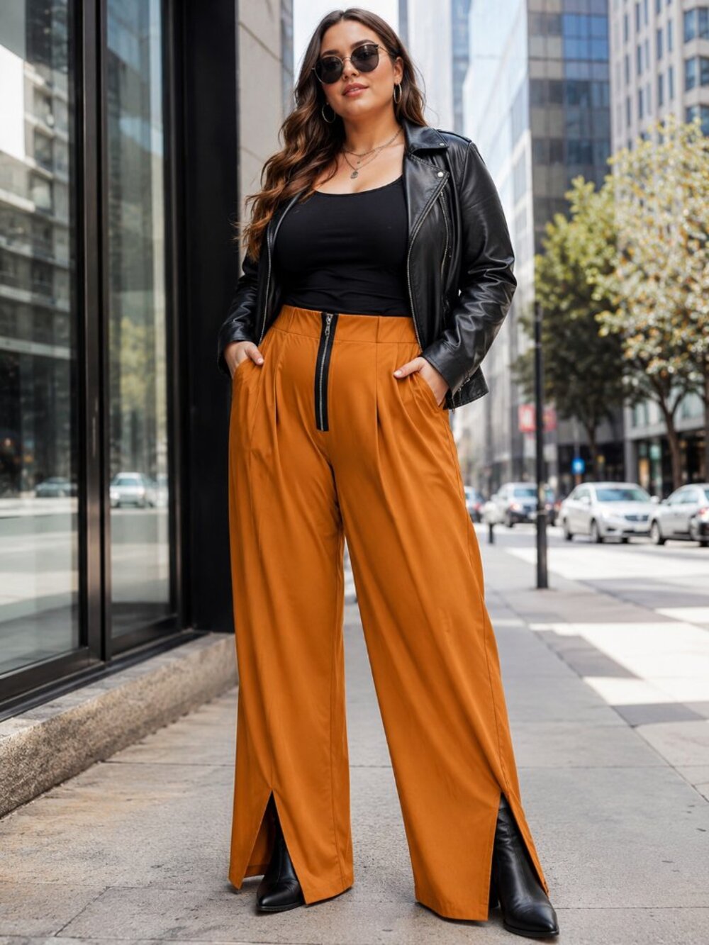 INCERUN Orange Wide Leg Pants 2XL Zipper Split Hem Streetwear Baggy Casual Flaw
